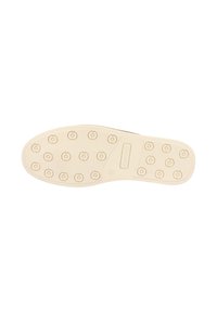 Suola di una scarpa, in gomma beige con motivo di presa testurizzato. Presenta indentazioni circolari per la trazione. L'etichetta riporta la scritta "NOBRAND."