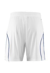 Weiße Sportshorts mit strukturierter Oberfläche, ausgestattet mit einem blauen Akzentstreifen an den Seiten und einem elastischen Bund für mehr Komfort.