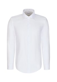 Chemise blanche à manches longues avec patte de boutonnage à l’avant et col pointu, présentée sur un fond blanc uni.