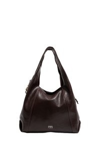 Ciemnobrązowa skórzana torebka o luźnym kroju, szerokich ramiączkach i logo z przodu. Gładka faktura z przeszyciami.