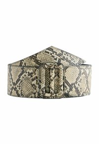 Large ceinture avec une surface texturée à motif serpent dans des tons de crème et de brun, dotée d'une boucle rectangulaire au centre.