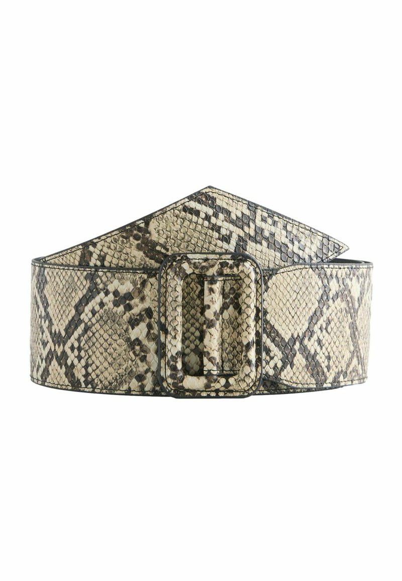 Large ceinture avec une surface texturée à motif serpent dans des tons de crème et de brun, dotée d'une boucle rectangulaire au centre.