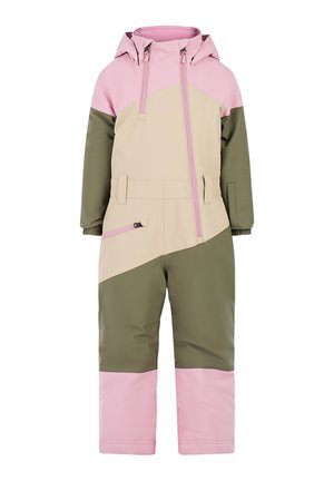 Combinaison de neige en beige, vert olive et rose, avec une capuche, fermeture éclair à l'avant et un design en blocs de couleurs. Comprend des poignets ajustables et des poches latérales.