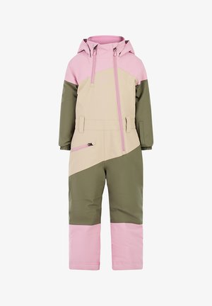 Schneejacke in Beige, Olivgrün und Pink, mit Kapuze, Reißverschluss vorne und Farbblock-Design. Beinhaltet verstellbare Manschetten und Seitentaschen.
