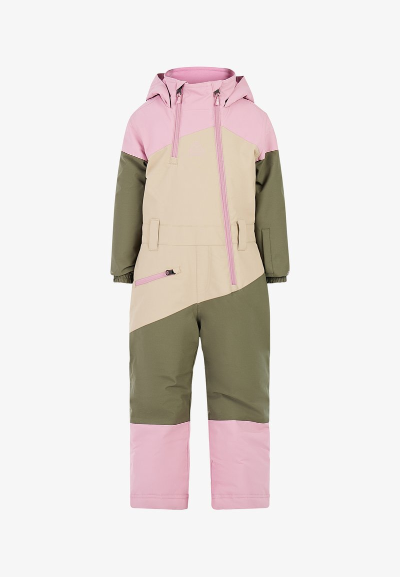 Mono de nieve en beige, verde oliva y rosa, con capucha, cremallera frontal y diseño a bloques de color. Incluye puños ajustables y bolsillos laterales.