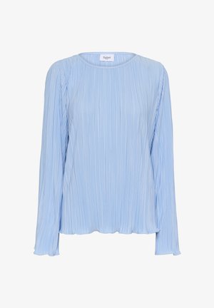 Light blue long-sleeve blouse made of pleated fabric. Features a round neckline and a slightly curved hem. Brand label visible at the collar.