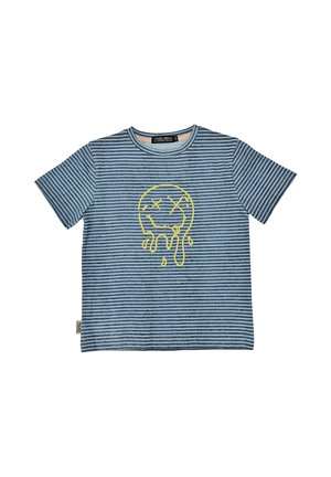Blau-weiß gestreiftes T-Shirt mit kurzen Ärmeln und einem gelben, schmelzenden Smiley-Gesicht auf der Vorderseite.