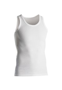 Hvid bomulds tanktop med rund hals, uden ærmer og en tætsiddende pasform. Glat tekstur med flade sømme og uden mønstre.