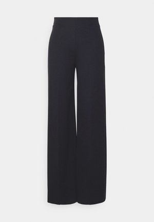 Pantalon large en tissu noir uni. Présente une taille haute et une texture lisse sans motifs ni embellissements visibles.