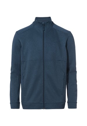 Giacca zip-up navy in tessuto texturizzato, con colletto alto e tasche laterali. Presenta un logo discreto sul petto e polsi e orlo a coste.