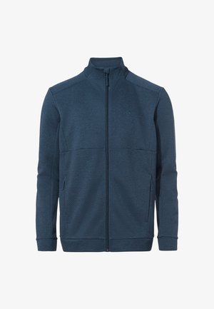Marineblaues Zip-Jackett aus strukturiertem Stoff, mit hohem Kragen und seitlichen Taschen. Es hat ein dezentes Logo auf der Brust sowie gerippte Bündchen und Saum.