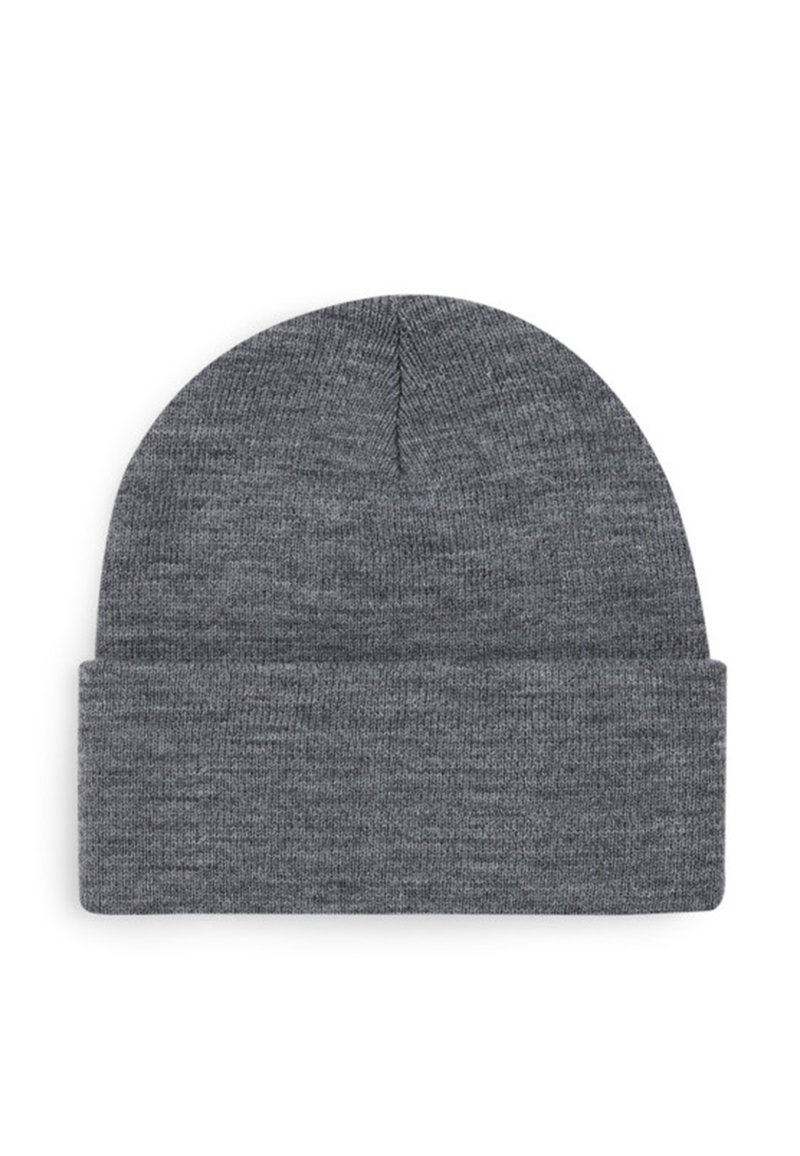 Gray knitted beanie with a folded cuff. Features a soft texture and smooth finish. Rounded top with a seamless design.