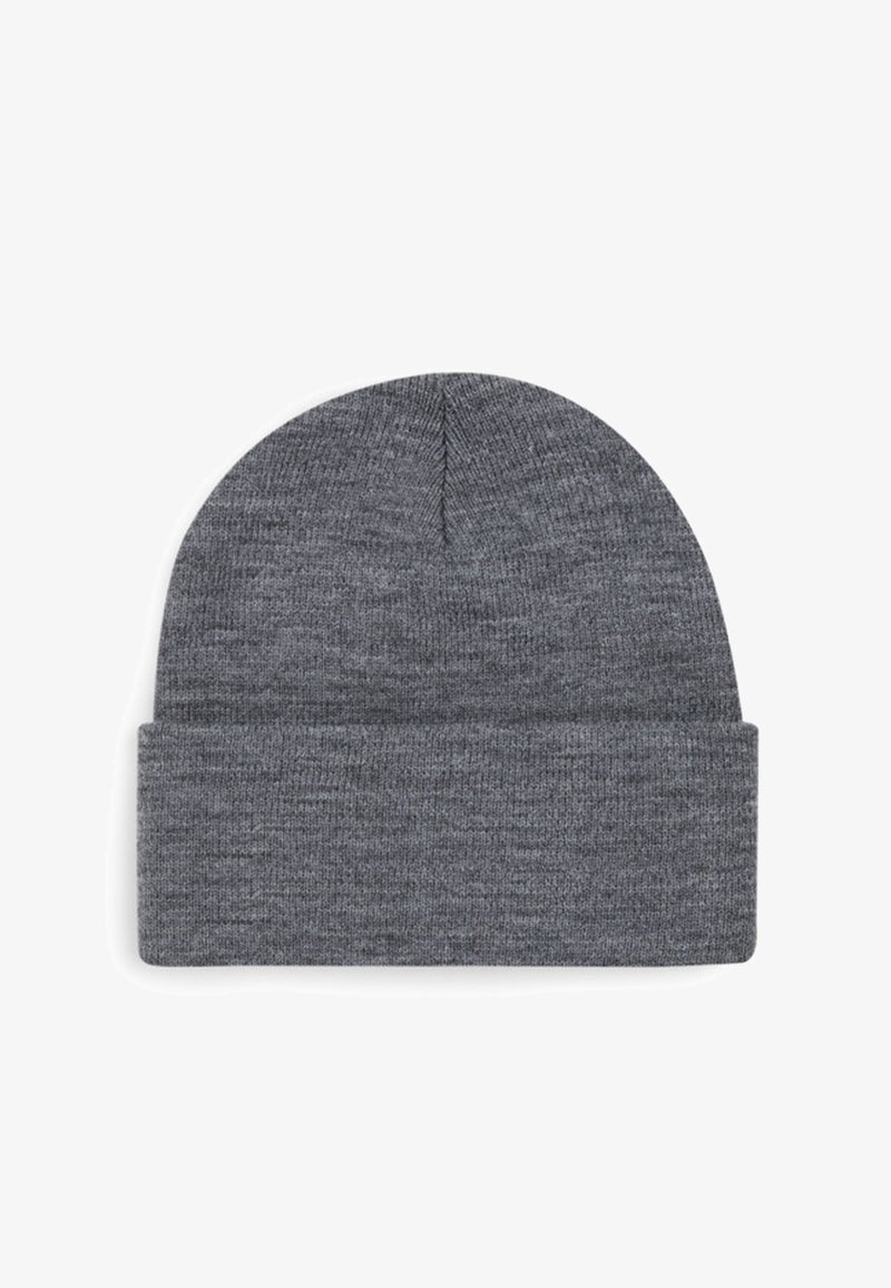 Gray knitted beanie with a folded cuff. Features a soft texture and smooth finish. Rounded top with a seamless design.