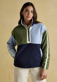 Fleece pulóver s vysokým golierom, ktorý obsahuje panely vo farbách zelenej, svetlomodrej a námorníckej modrej, s bielymi akcentovými pruhmi na rukávoch a so zipsom.