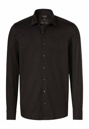 Langärmliges schwarzes Hemd mit Knopfleiste, aus glattem Stoff, mit einem klassischen Kragen und schwarzen Knöpfen.