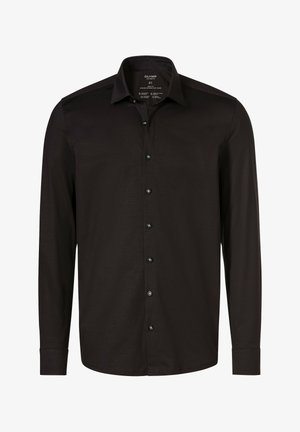 Camicia nera a maniche lunghe con chiusura a bottoni, realizzata in tessuto morbido, con colletto classico e bottoni neri.