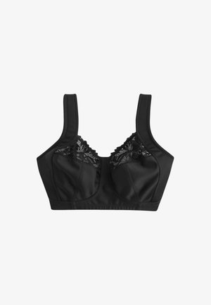 Zwarte bh met brede banden, voorzien van kantdetails aan de bovenkant. Gemaakt van gladde stof met gestructureerde cups en een gecentreerde sluiting.