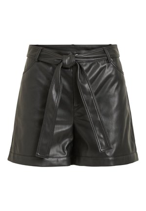 Short taille haute en simili cuir noir avec ceinture nouée à l'avant et poches latérales, avec une texture lisse et un ourlet cousu.
