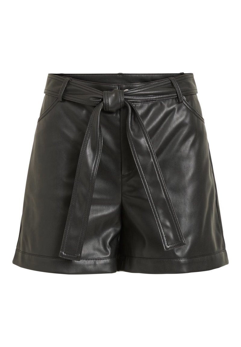 Short taille haute en simili cuir noir avec ceinture nouée à l'avant et poches latérales, avec une texture lisse et un ourlet cousu.