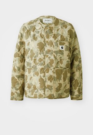Quilted jacket in a beige and green camouflage pattern, featuring a round neckline, front pockets, and a square brand label on the pocket.