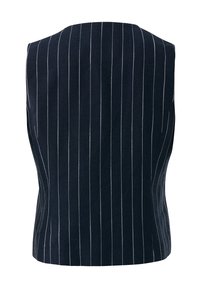 Granatowa kamizelka z cienkimi białymi prążkami, wykonana z teksturowanej tkaniny. Posiada dopasowany krój z okrągłym dekoltem i bez rękawów.