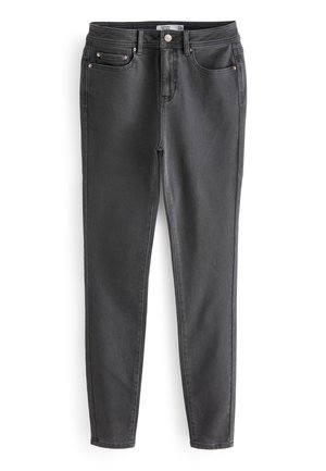 Dark gray skinny jeans with front button, zipper, and five-pocket design, laid flat on white background.