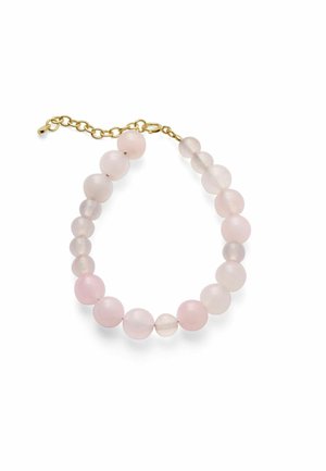 Bracelet with translucent round pink beads and a gold chain clasp on a white background.