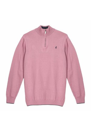 Pull-over à manches longues rose clair avec fermeture éclair au quart et petit logo de cheval noir sur la poitrine gauche.