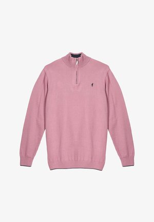 Pull-over à manches longues rose clair avec fermeture éclair au quart et petit logo de cheval noir sur la poitrine gauche.