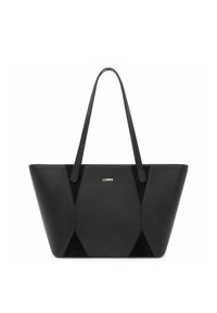 Borsa tote nera in pelle liscia e camoscio, con design a pannelli geometrici, due manici lunghi e dettagli in oro con il logo.