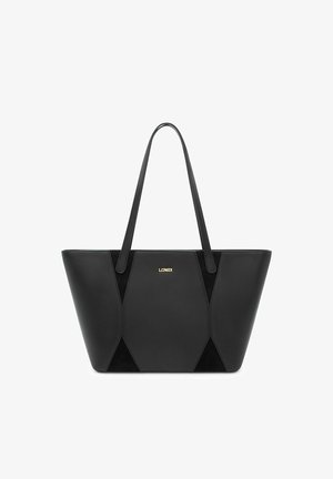 Schwarze Tragetasche aus glattem Leder und Wildleder mit geometrischem Paneeldesign, zwei langen Griffen und goldenen Logodetails.