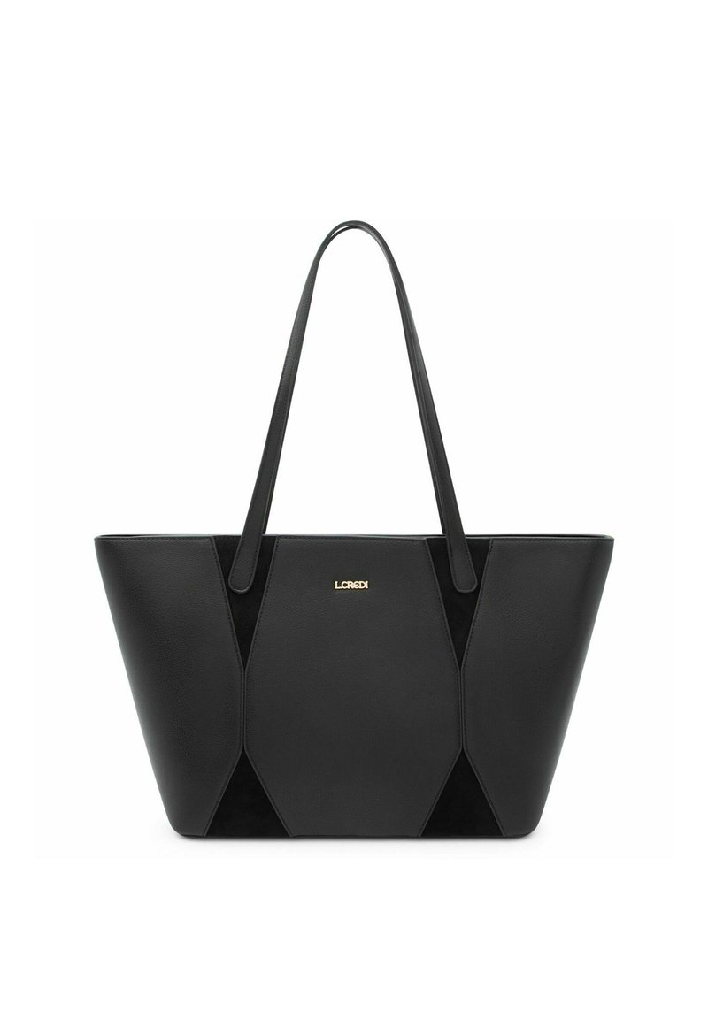 Borsa tote nera in pelle liscia e camoscio, con design a pannelli geometrici, due manici lunghi e dettagli in oro con il logo.