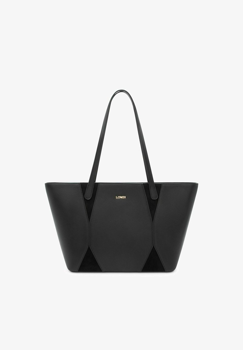 Borsa tote nera in pelle liscia e camoscio, con design a pannelli geometrici, due manici lunghi e dettagli in oro con il logo.
