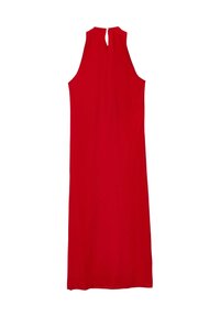 Rotes ärmelloses Kleid mit hohem Ausschnitt und Schlüsselloch-Rücken, das eine glatte Textur und eine figurbetonte Silhouette bietet.