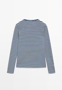 Navy and white horizontal striped long-sleeve shirt with a crew neckline, laid flat showing the back side.