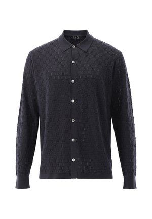 Cardigan lavorato a maglia di colore blu navy con un motivo geometrico, maniche lunghe e colletto. Presenta bottoni leggeri e polsini a coste.