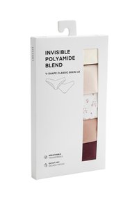 Lot de cinq culottes bikini classiques en forme de V, respirantes et à séchage rapide, dans des couleurs neutres et florales, présentées dans une boîte blanche pour la vente au détail.