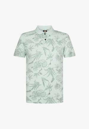 Jasno miętowa koszulka polo z detalicznymi ilustracjami botanicznymi i ptakami w ciemnozielonym kolorze. Klasyczny kołnierzyk z guzikami. Krótkie rękawy.