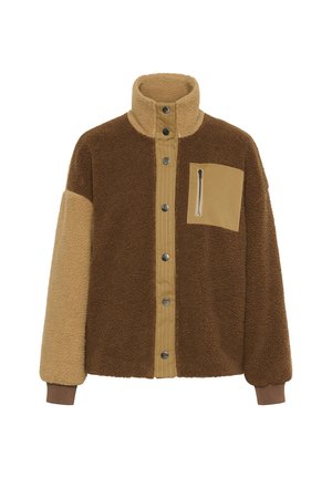 Hnědá a světlobéžová fleecová bunda s vysokým límcem, zapínáním na knoflíky a kapsou na zip na hrudi. Disponuje texturovanou látkou a kontrastními rukávy.