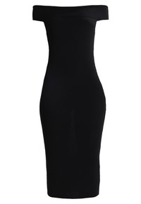 Robe noire épaules dénudées, silhouette ajustée, longueur genou, en tissu extensible, avec une texture lisse et des détails minimaux.