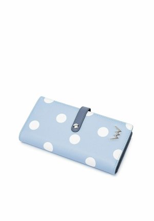 Blue polka dot wallet made of smooth material, featuring a snap closure, a dark blue strap, and a silver lightning bolt accent.