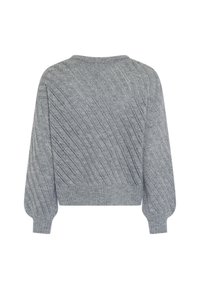 Hellgrauer gestrickter Pullover mit einem strukturierten, diagonalen Muster und geripptem Saum. Verfügt über lange, leicht gepuffte Ärmel und einen runden Ausschnitt.