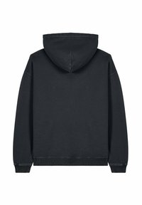 Felpa nera con cappuccio, in cotone, design a pullover, cappuccio ampio, polsini e orlo a coste, texture liscia, senza marchio o dettagli aggiuntivi visibili.