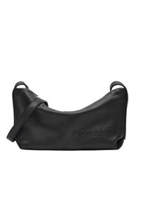 Borsa a spalla in pelle nera con forma curva, texture sottile e nome del marchio impresso. Dotata di una lunga tracolla regolabile per il trasporto.
