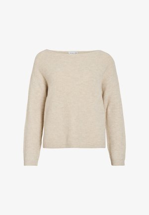 Μπεζ πλεκτό πουλόβερ με ριμπ υφή, φαρδύ λαιμόκοψη τύπου βάρκα και φαρδιά, μακριά μανίκια. Ευθεία ραφή στο τελείωμα και μαλακό υλικό.