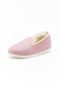 Pantofole di stoffa rosa con fodera in morbida pelliccia beige e suola testurizzata. Design con punta arrotondata e inserti elastici per una facile calzata.