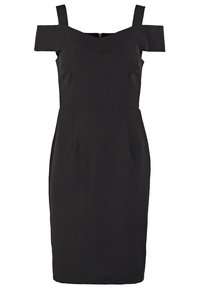 Černé šaty bez ramínek, přiléhavého střihu s v-výstřihem, vyrobené z hladkého materiálu, s minimem švů a skrytým zipem na zadní straně.