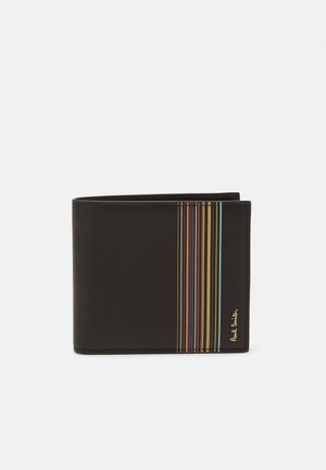 Black leather wallet featuring colorful vertical stripes and a gold logo accent. Folded design with smooth texture and refined edges.