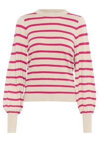 Pull en maille rayé crème avec de larges rayures roses. Doté de manches longues bouffantes, de bords côtelés et d'un col rond. Texture douce.