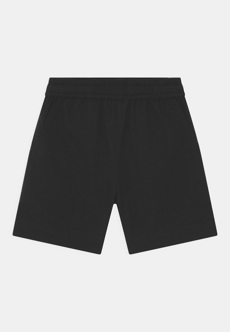 Calções pretos feitos de tecido com um cós elástico, apresentando dois bolsos laterais e um corte reto, com uma textura suave.